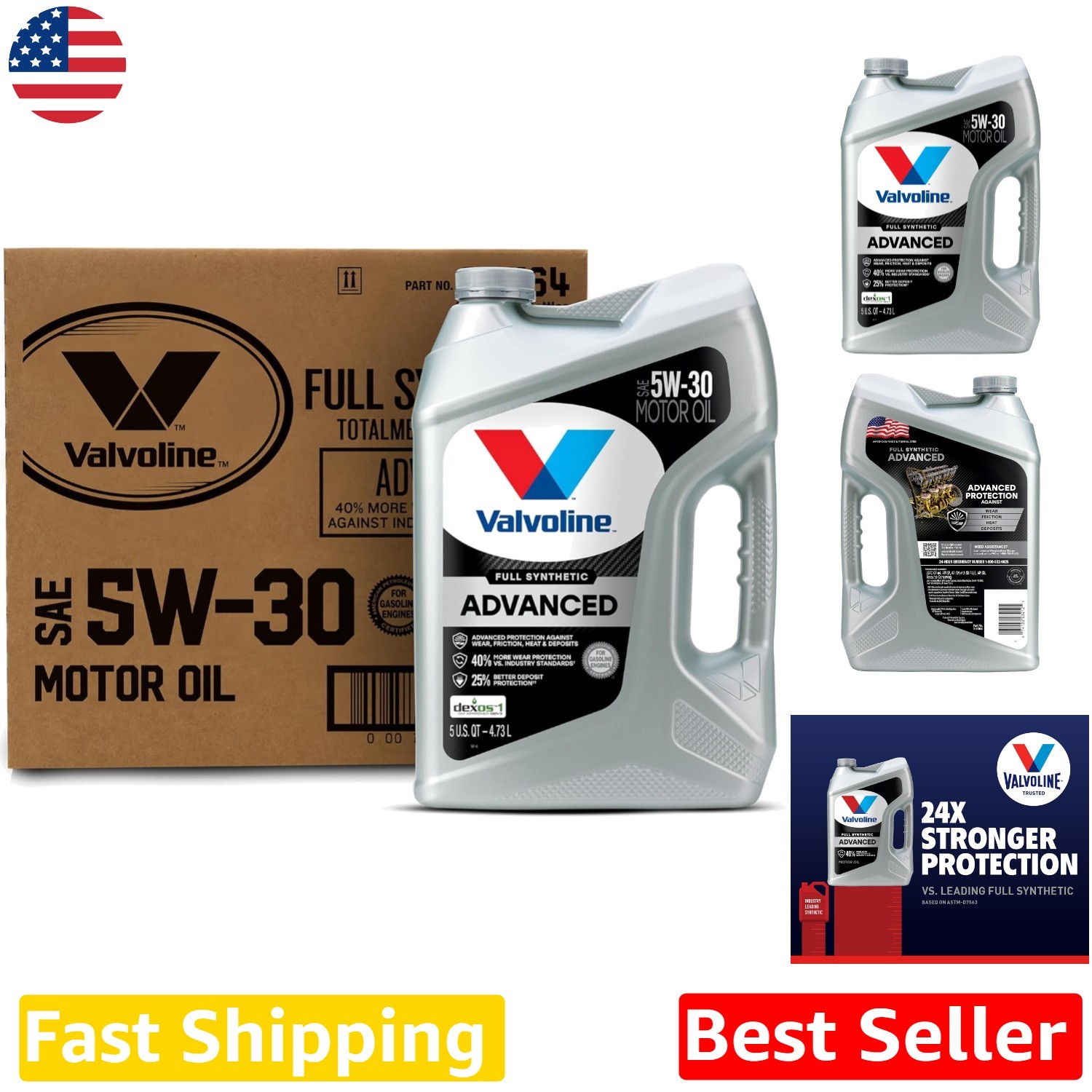 Advanced Full Synthetic 5W-30 Motor Oil – 15 Quarts, 3x 5 Qt Bottles, Superio…