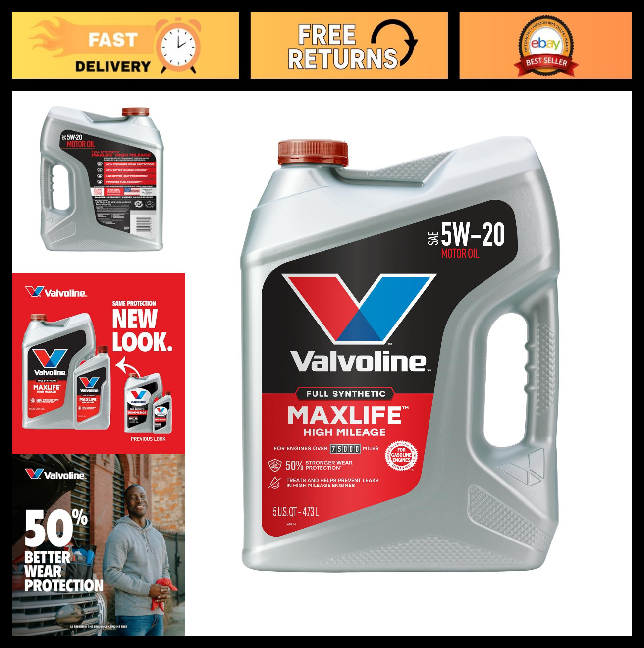 High Mileage Full Synthetic 5W-20 Motor Oil – 5 Quart for Cars & Trucks