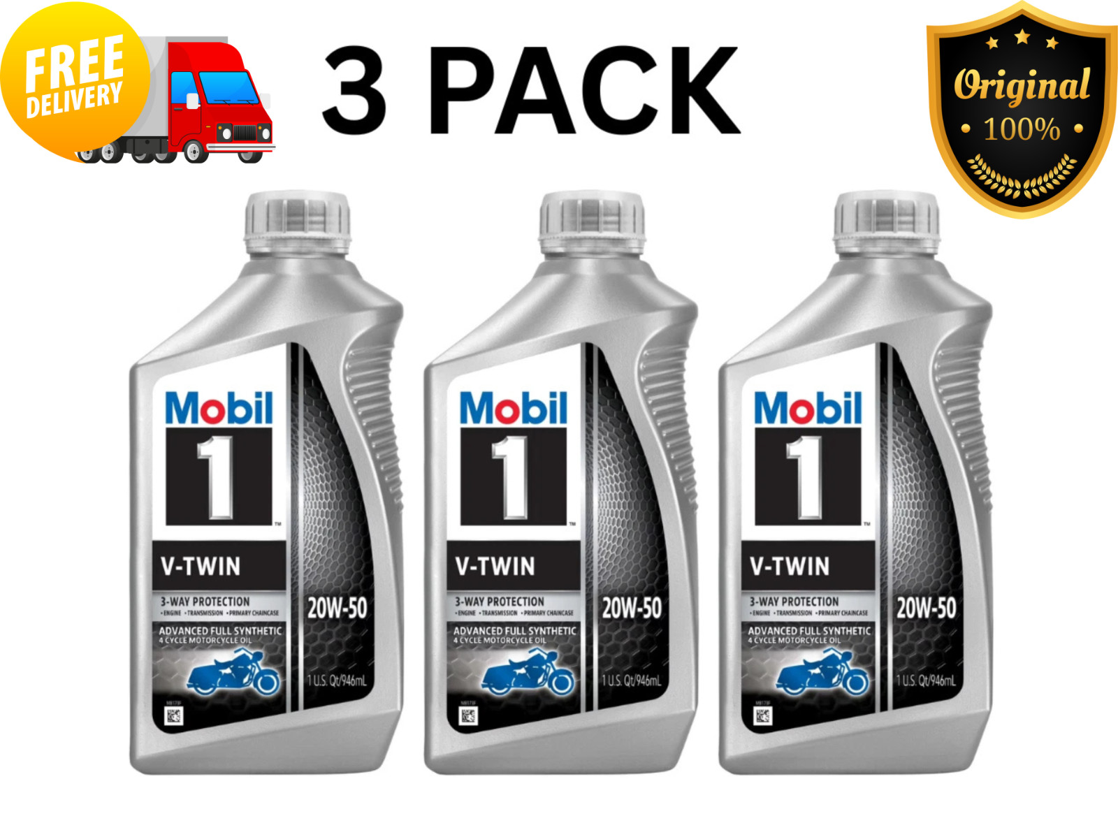 Mobil 1 V-Twin Motorcycle Oil 20W-50 Full Synthetic 1 Quart 3 Pack Set