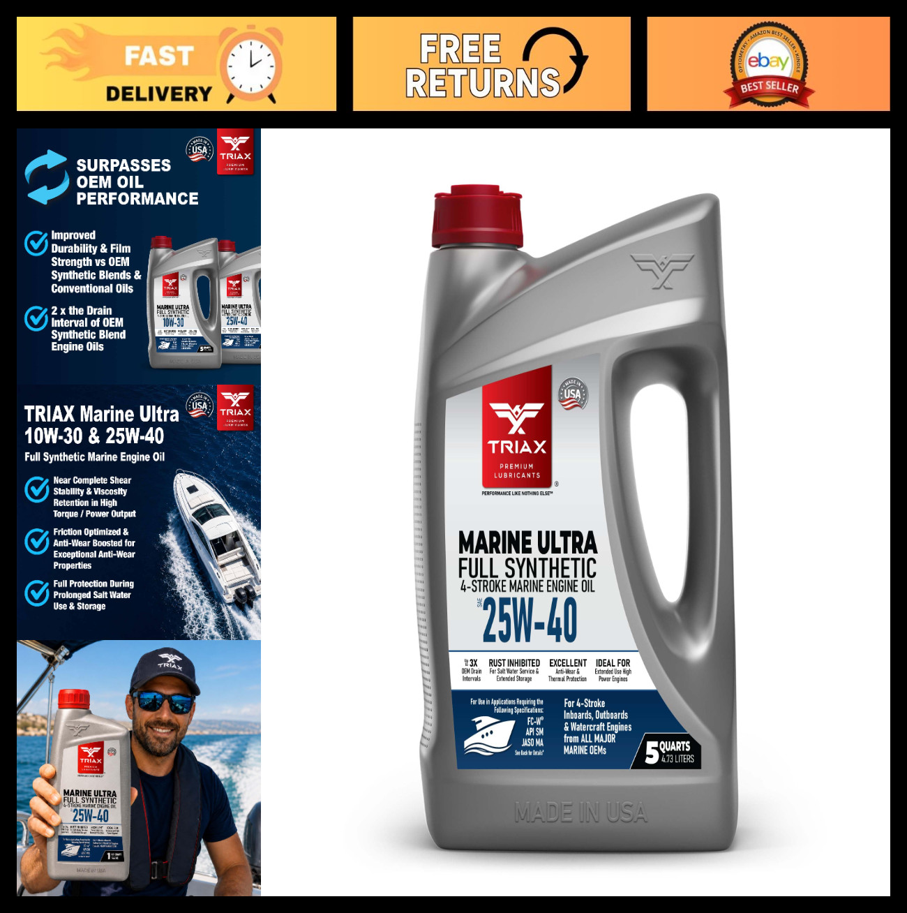 Full Synthetic 25W-40 Marine Engine Oil for Inboard, Outboard & PWC – 5 Quart