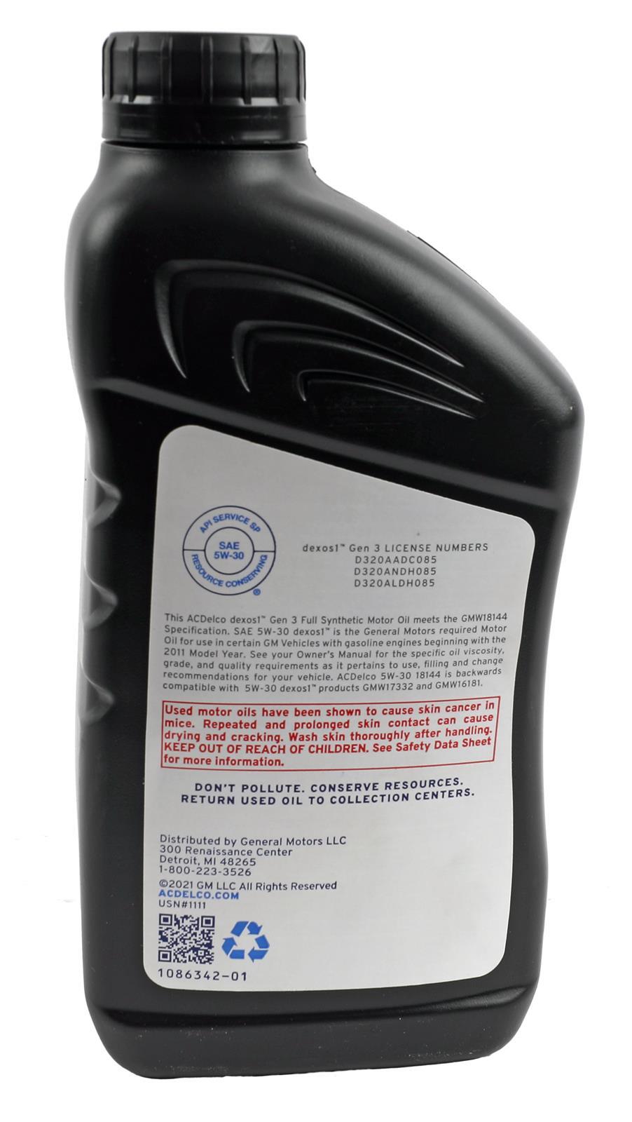 GENUINE GM ACDelco SAE 5W-30 DEXOS1 Gen3 Full Synthetic Motor Oil 4 Quarts