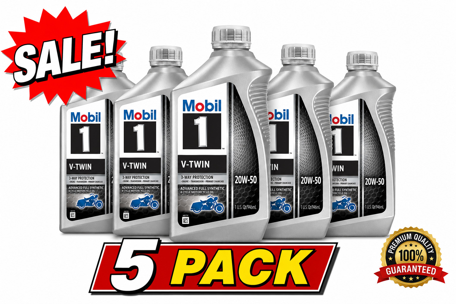 5 PACK-MOBIL 112630 Mobil 1 V-Twin; Full Synthetic Motorcycle Oil; 20W-50;1 Qt