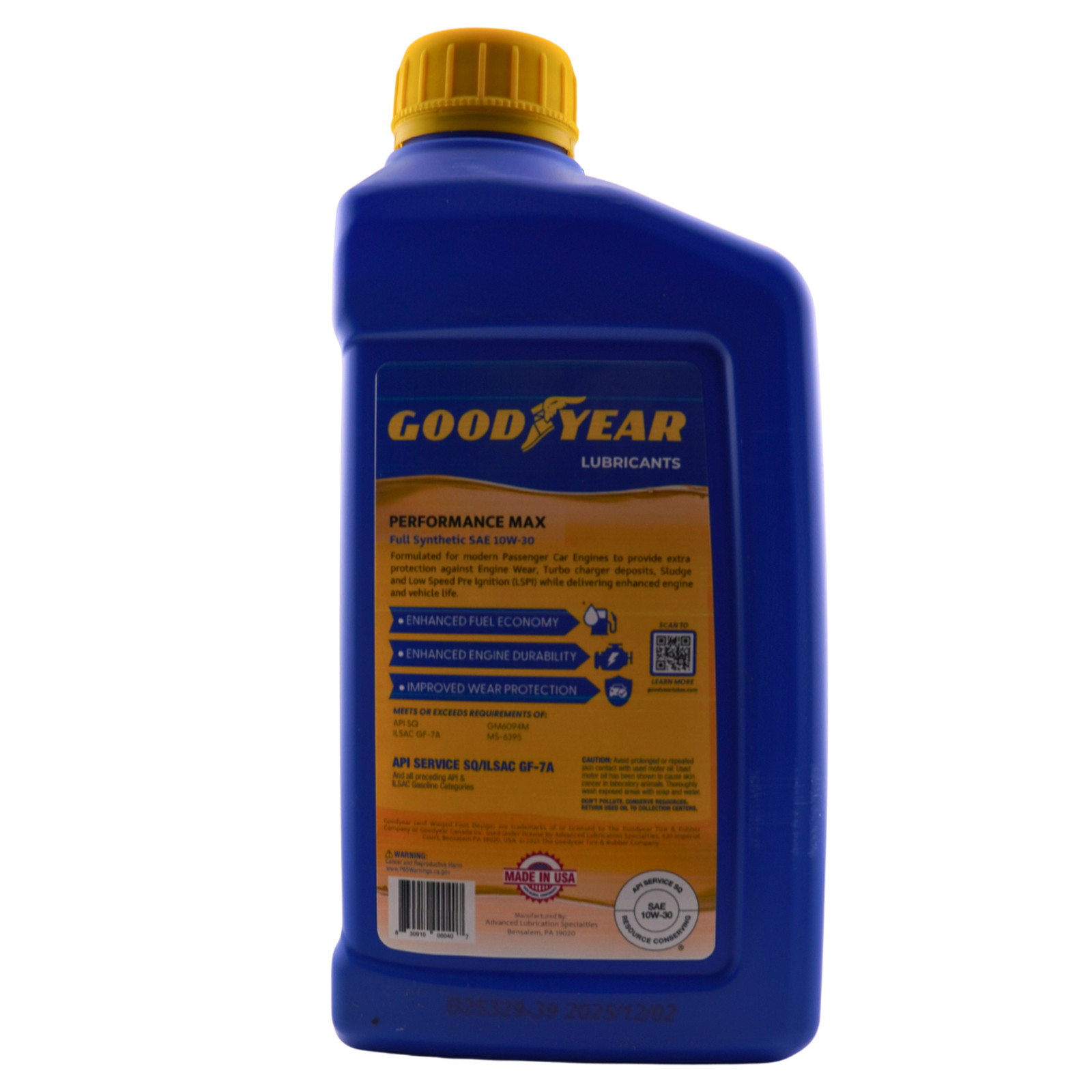 Goodyear Full Synthetic 10W-30 Motor Oil- API SQ/ILSAC GF-7A, 1 Qt. – Pack of 6