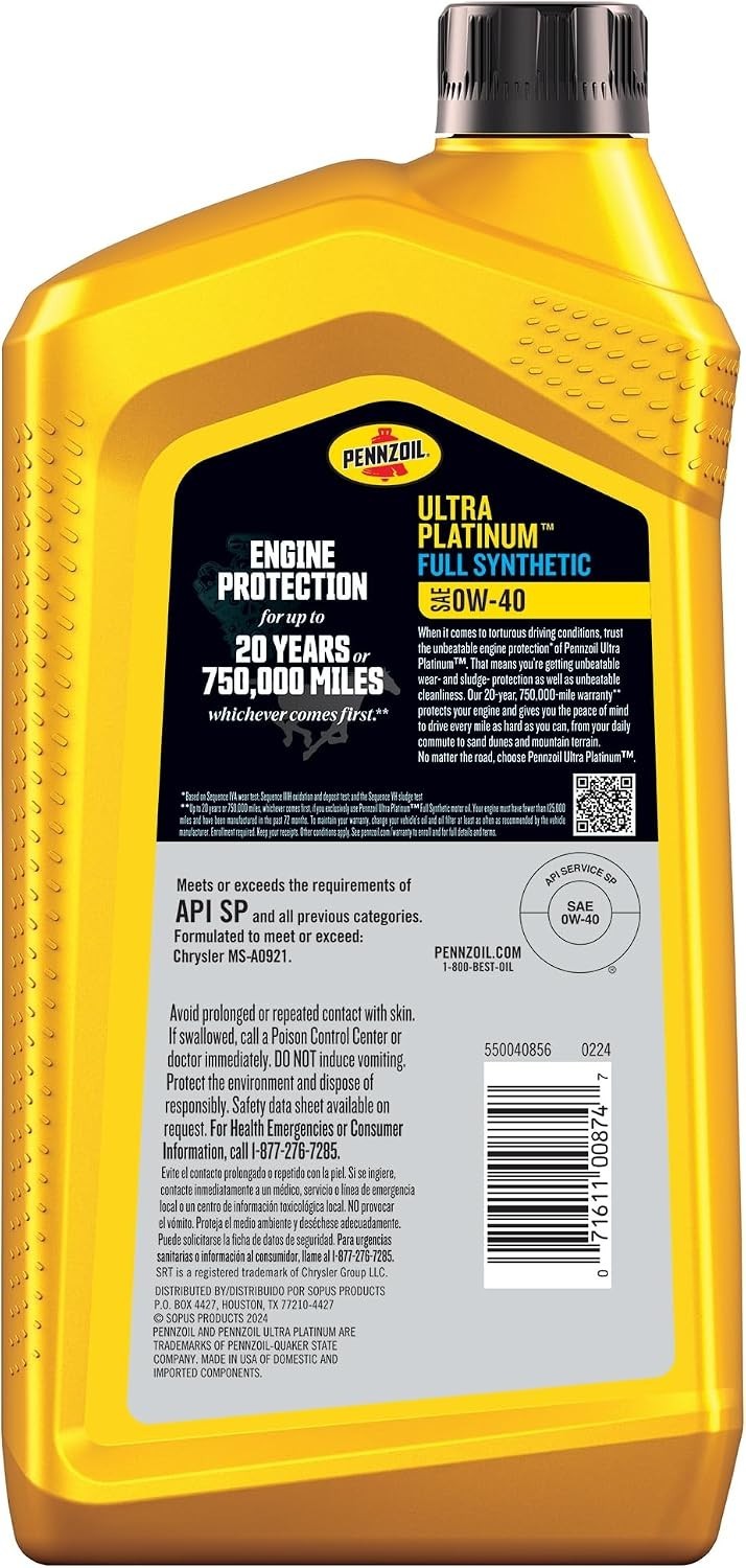 1 Quart Ultra Platinum Full Synthetic 0W-40 Motor Oil for Superior Engine Care