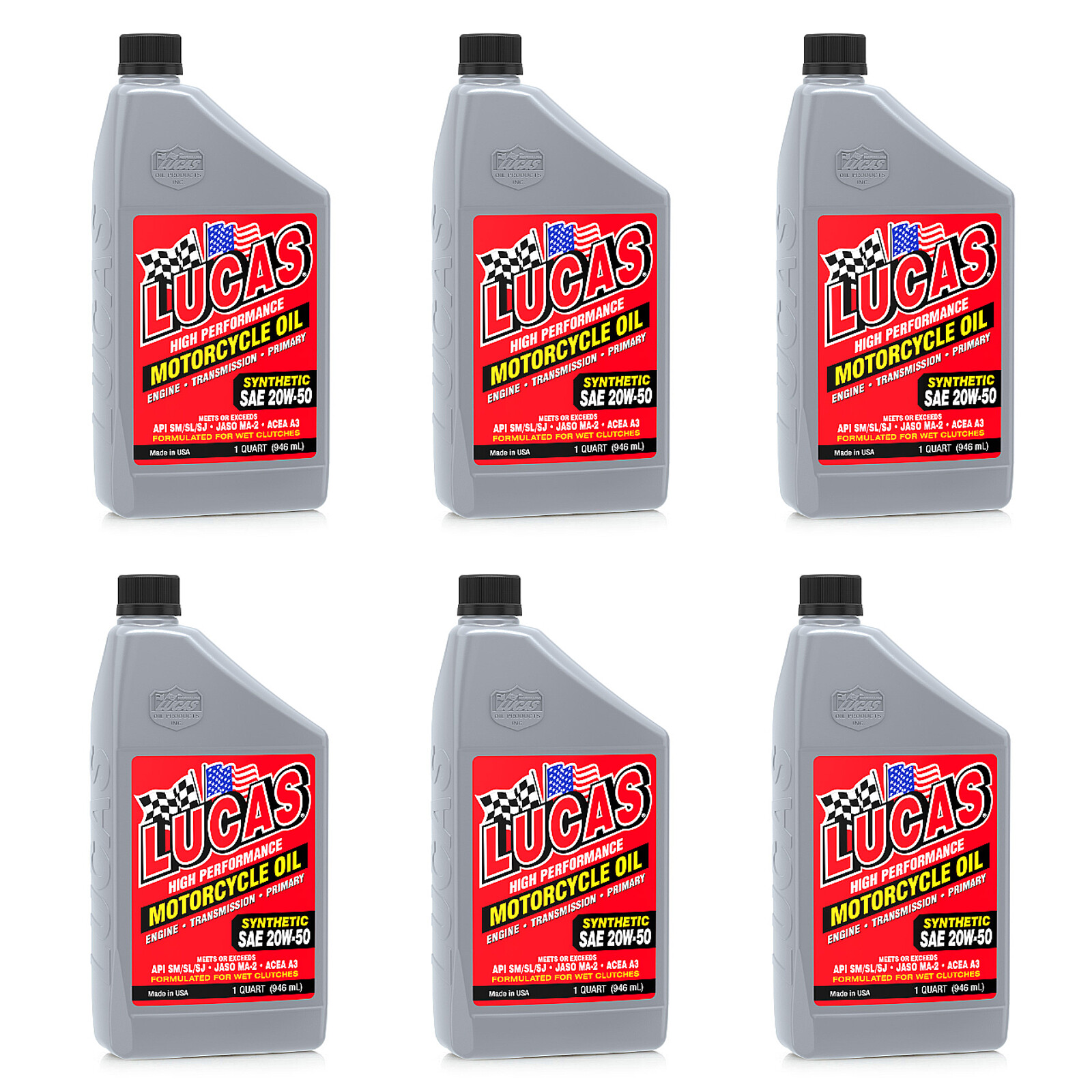 Lucas Oil 10702 Synthetic 20W-50 Motorcycle Engine Oil for Wet Clutches 6 Packs