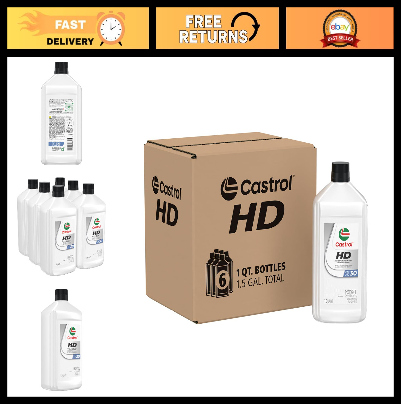 High-Performance HD-30 Motor Oil, 1 Quart, Pack of 6 – Engine Lubricant, SAE 30