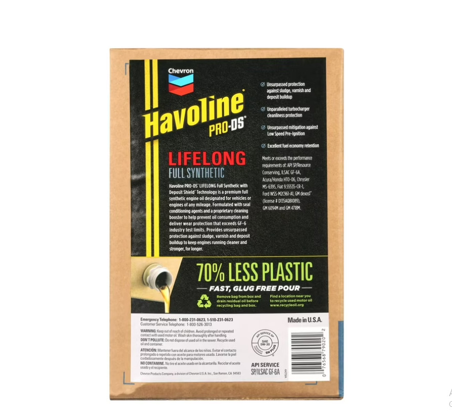 (2 pack) Chevron Havoline Lifelong 5W-30 Full Synthetic Motor Oil, 6 Quarts
