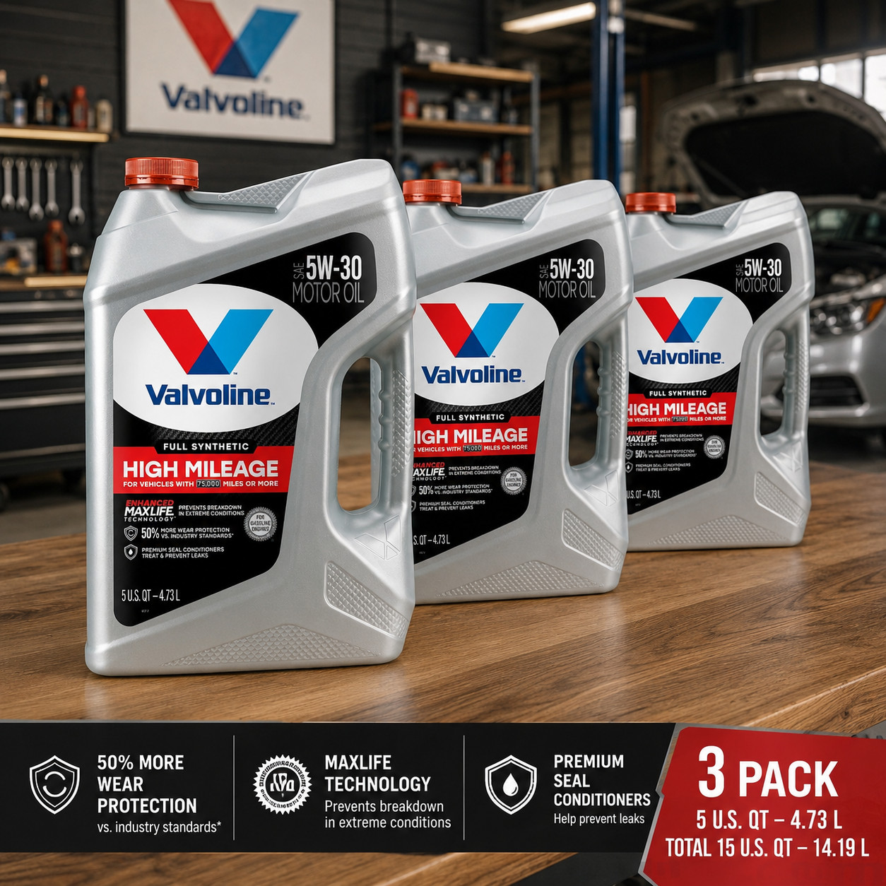 VALVOLINE 881169 MaxLife Full Synthetic High Mileage SAE 5W-30; Easy Pour 5Q