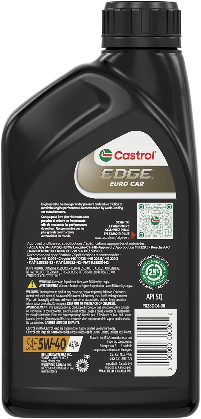 EDGE Euro 5W-40 A3/B4 Advanced Full Syn Motor Oil, 1 Qt, 6 Pack