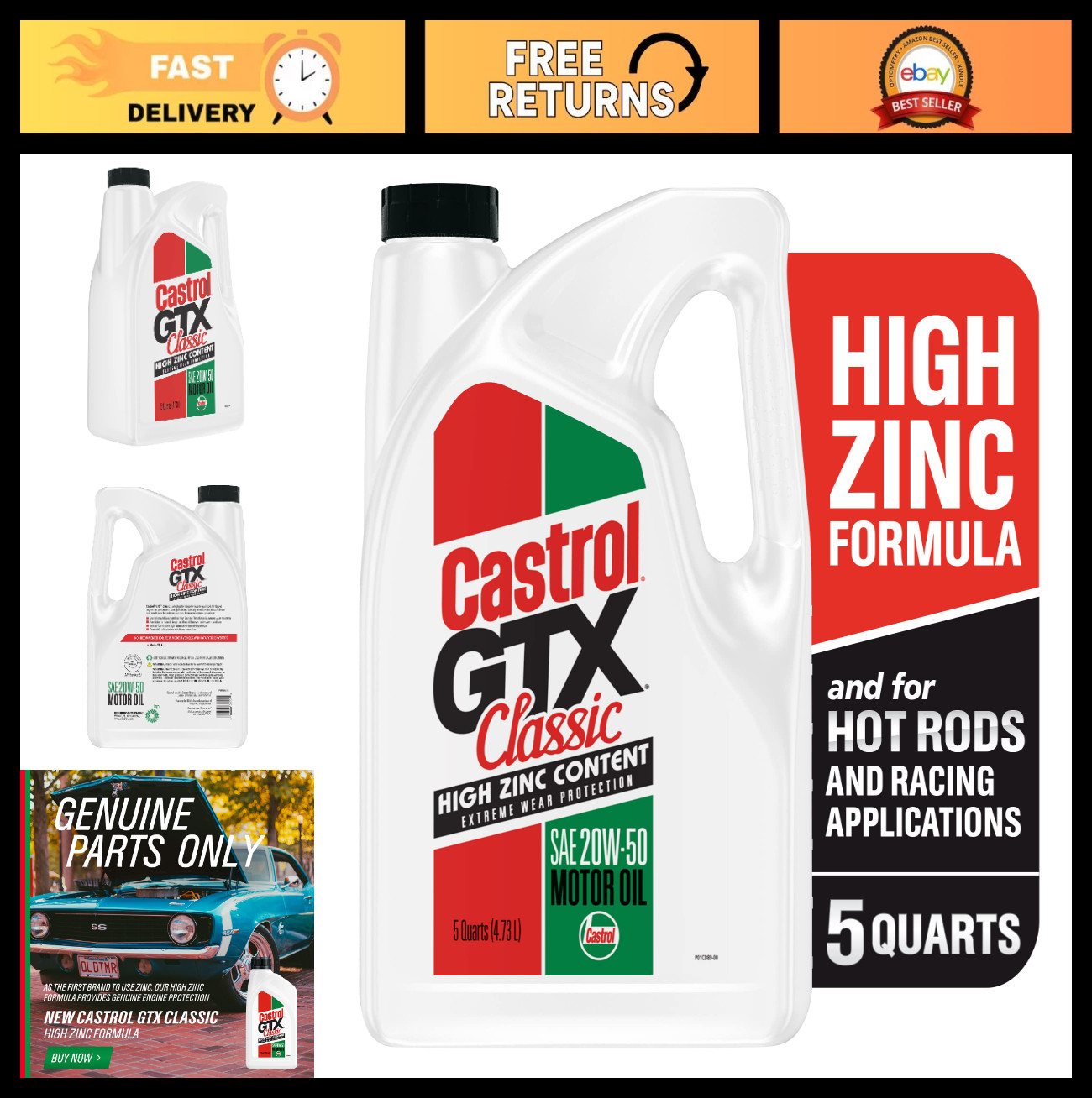 High-Performance 20W-50 Conventional Motor Oil, 5 Quarts – Ideal for Classic Car