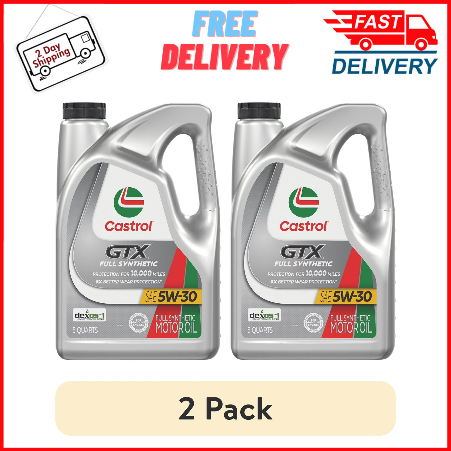 (2 Pack) Castrol GTX Full Synthetic 5W-30 Motor Engine Oil 5 Quart Jug Car Truck