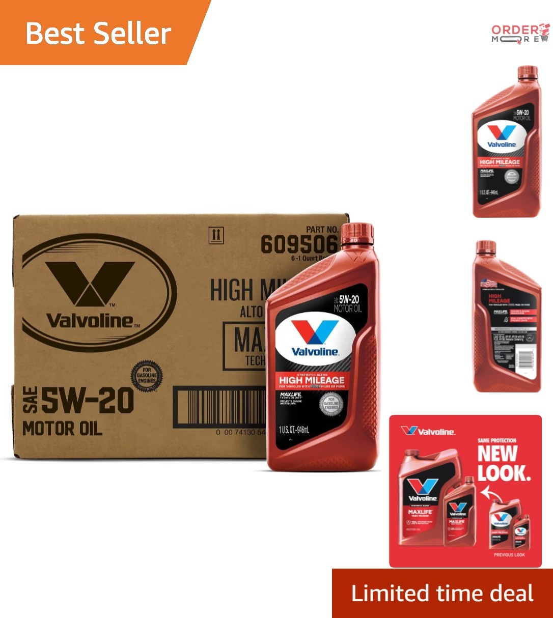 High Mileage Synthetic Blend Motor Oil 5W-20 1 Qt Pack of 6 MaxLife Technology