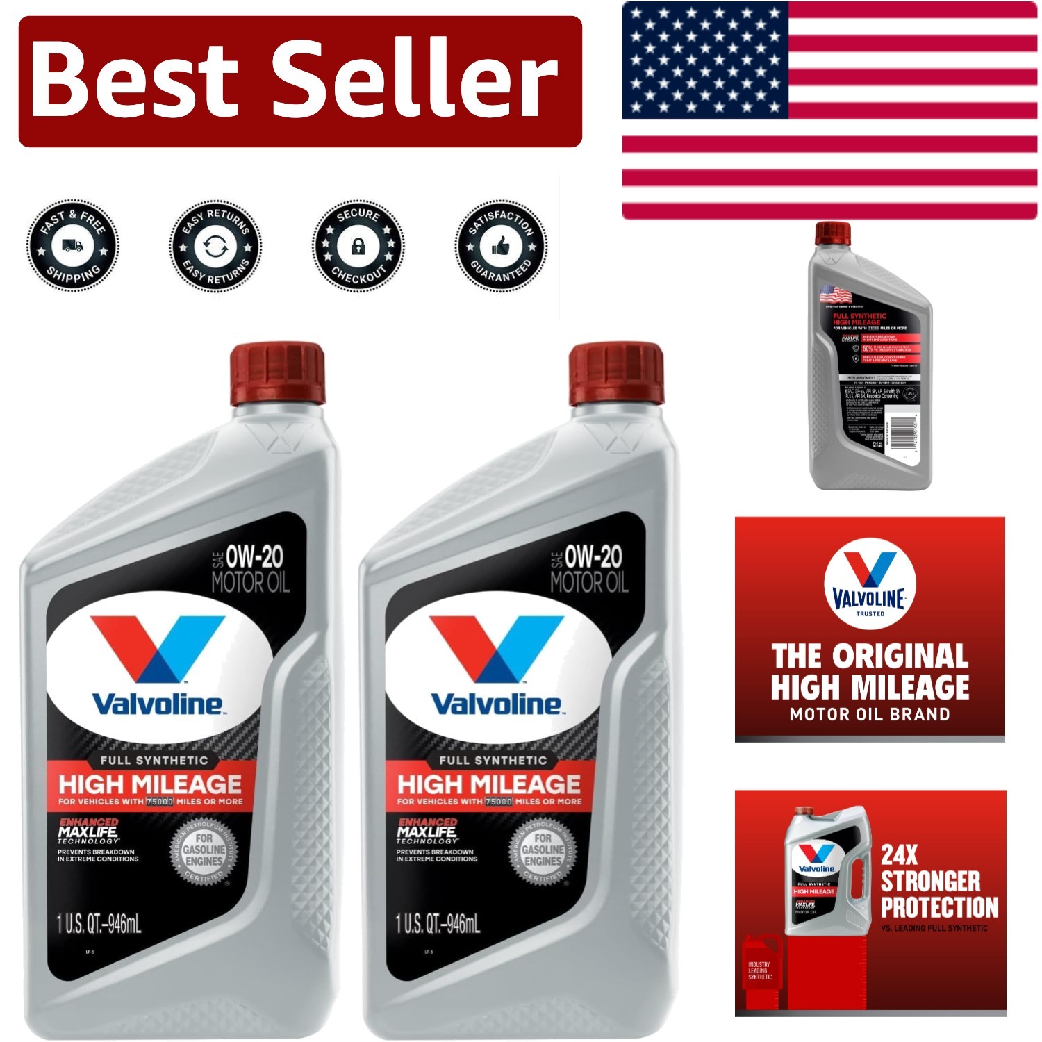 Full Synthetic High Mileage SAE 0W-20 Motor Oil | Pack of 2 QT Bottles