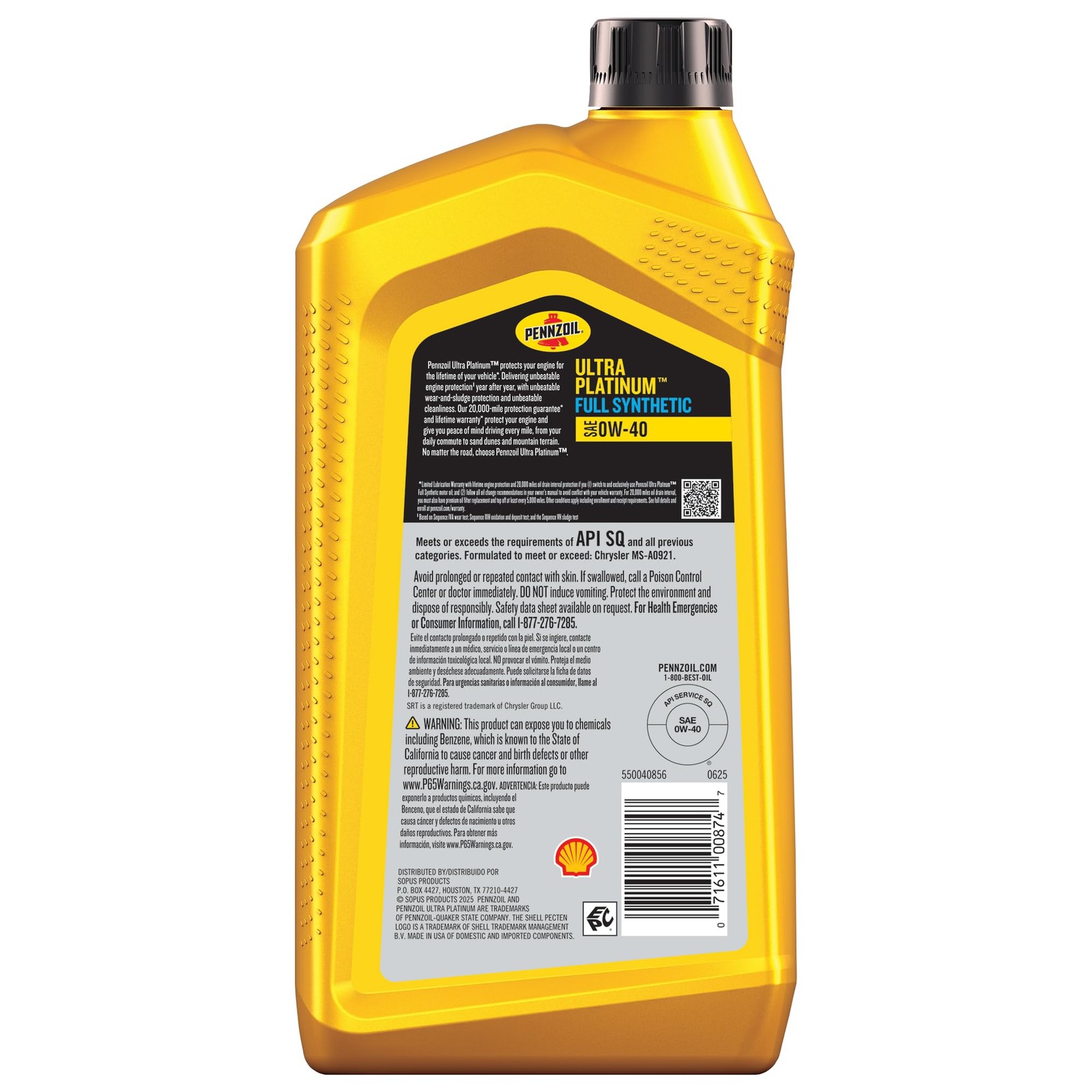 Pennzoil Ultra Platinum Full Synthetic 0W-40 Motor Oil, 1 Quart, Amber/Brown