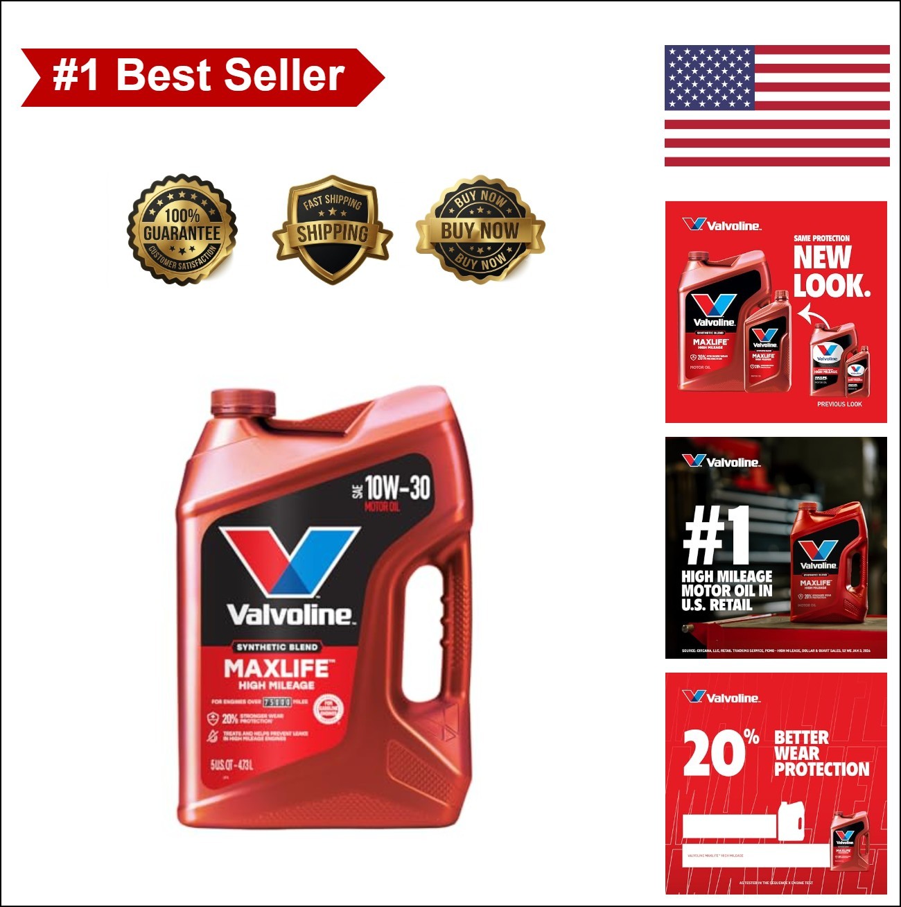 High Mileage Motor Oil 10W30 Synthetic Blend 5 Quart Bottle For Car Truck Engine