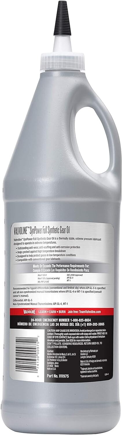 Valvoline VV975 Synpower SAE 75W-90 32 oz Full Synthetic Gear Oil – Pack of 2
