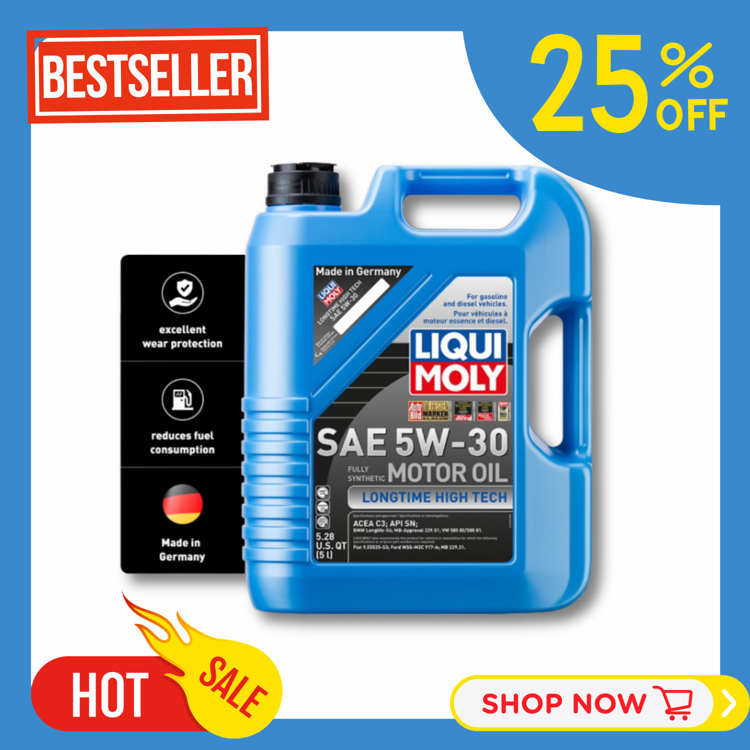 LIQUI MOLY Longtime High Tech 5W-30 Full Synthetic Engine Oil, Pack of 1