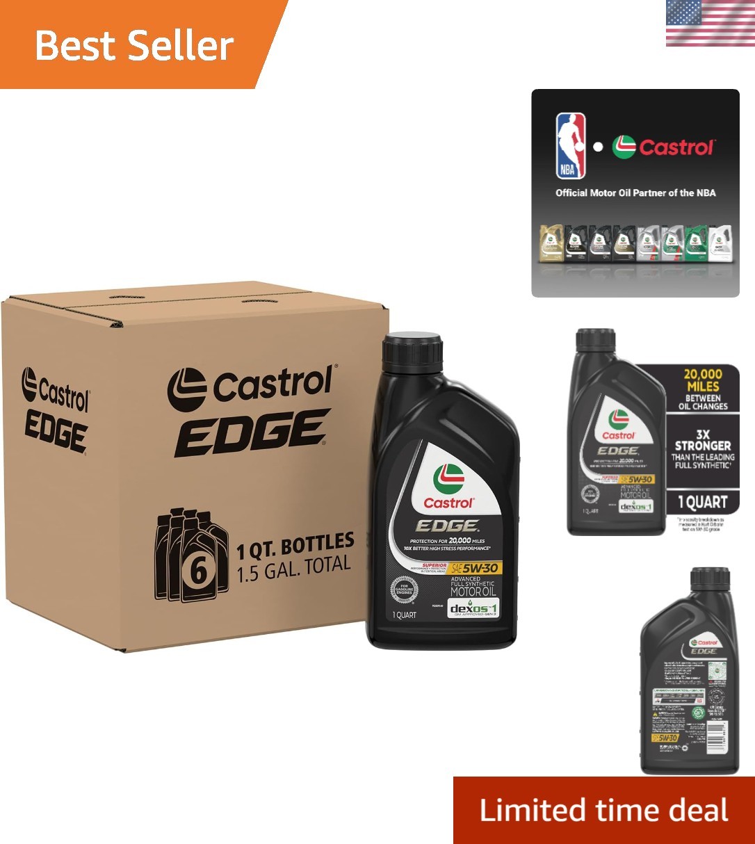 EDGE 5W-30 Motor Oil | Advanced Full Synthetic for Cars & Trucks – 1 Quart x 6
