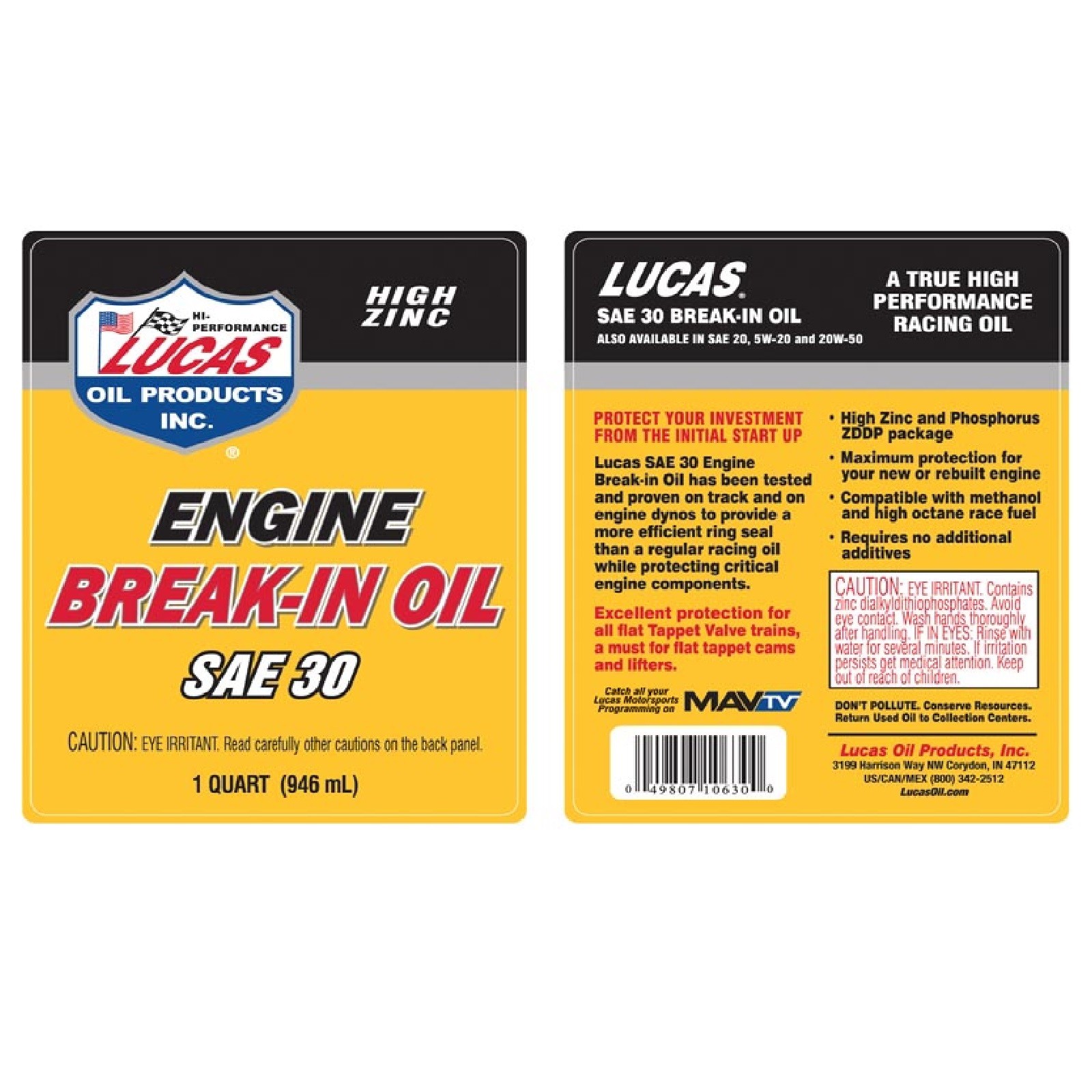 Lucas Oil 10630 Single High Zinc SAE30 Engine Break-In Racing Oil 1 Quart Bottle
