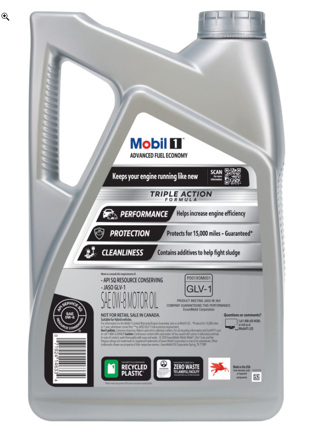 Mobil 1 Advanced Fuel Economy Full Synthetic Motor Oil 0W-8, 5 Quart