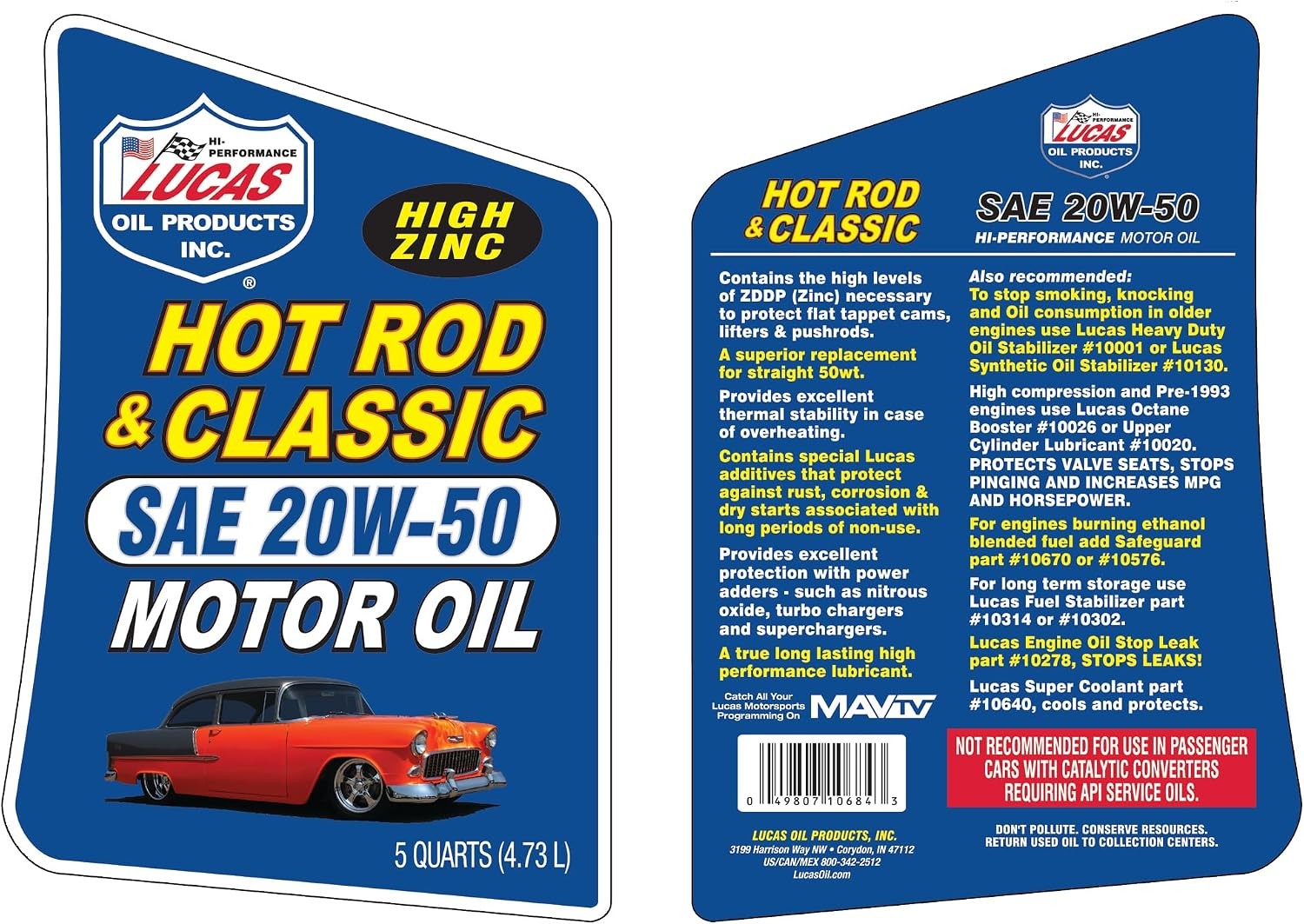 10684 Hot Rod & Classic Car HP Motor Oil SAE 20W-50-5 Quart
