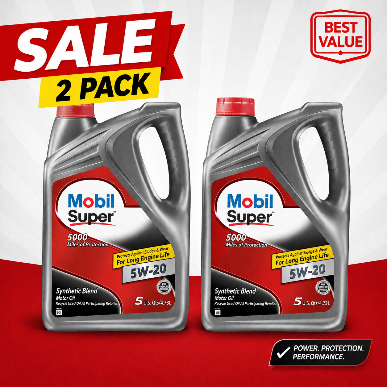 2 PACK- MOBIL 124408 Super 5W-20; Mobil Super; Synthetic Blend; SAE 5W-20; 5 Qt