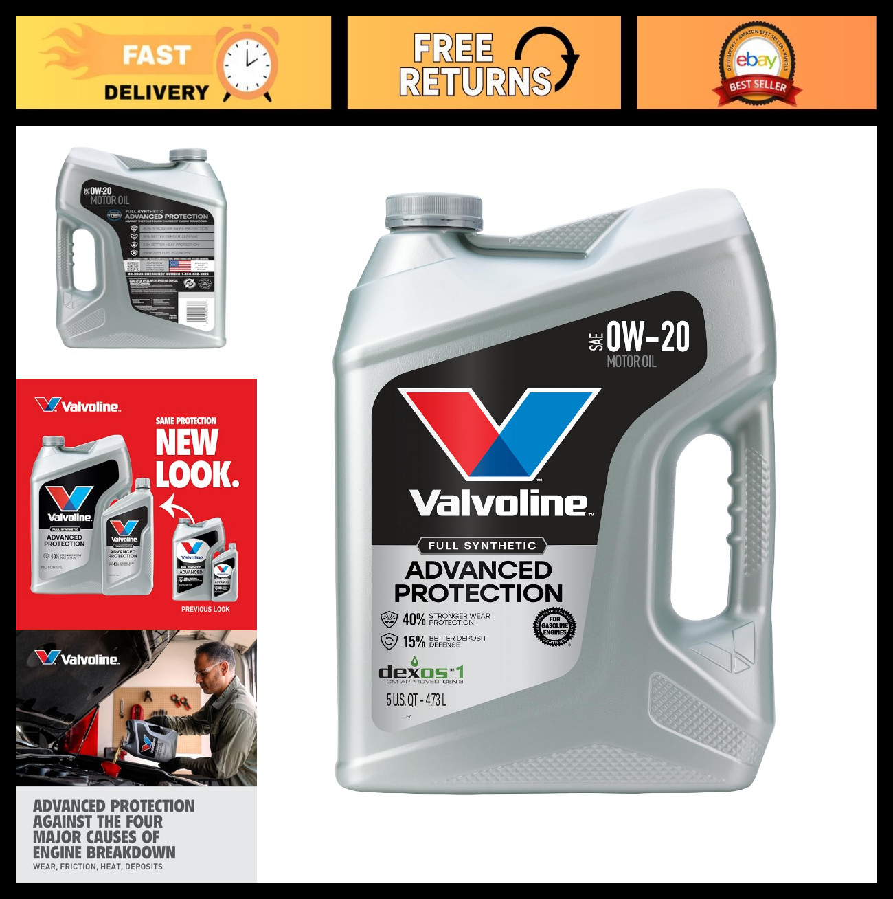 Full Synthetic 0W-20 Motor Oil, Advanced Performance, 5 Quart Engine Oil