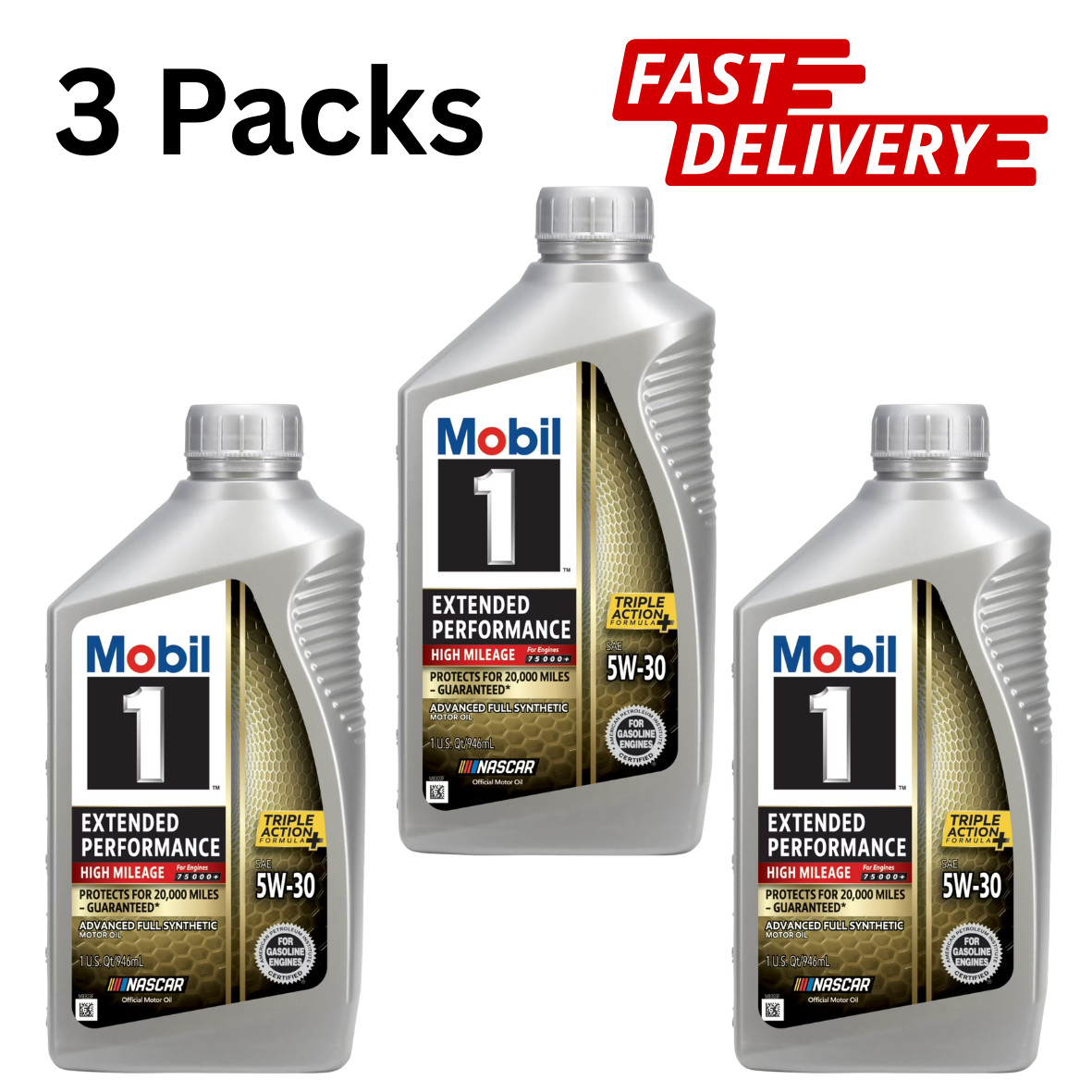 (3 PACK) Mobil 1 Extended High Mileage Full Synthetic Motor Oil 5W-30,1 Quart