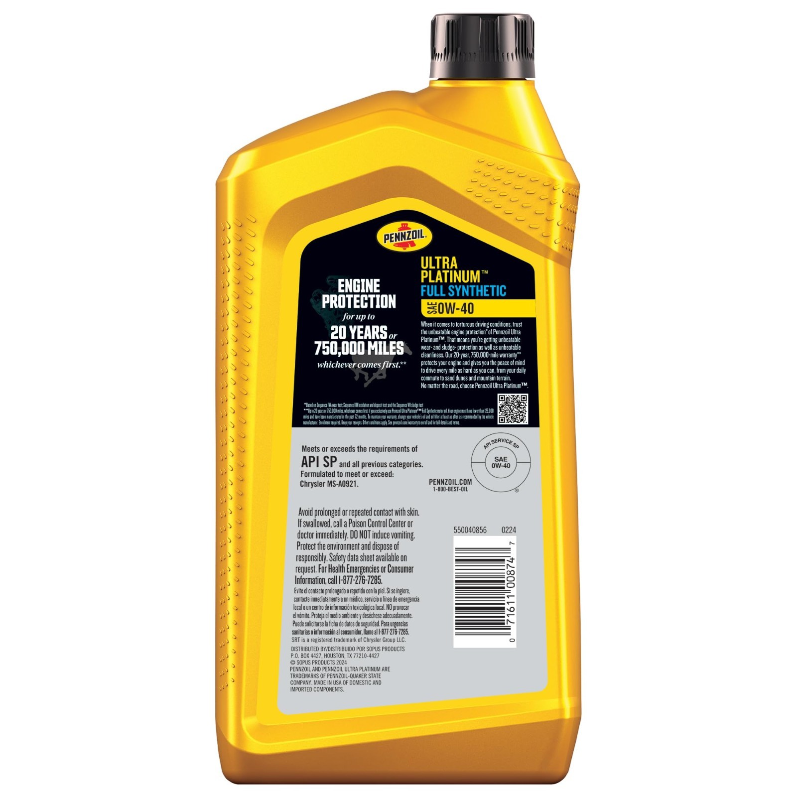 Full Synthetic 0W-40 Motor Oil – Ultra Platinum, 1 Quart (6 Pack) – High Perform