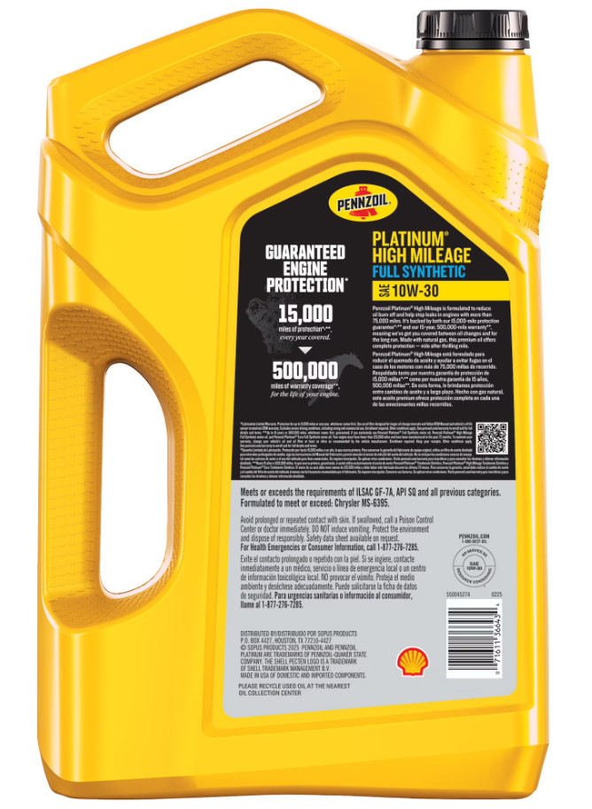 (2 pack) Pennzoil Platinum High Mileage Full Synthetic 10W-30 Motor Oil, 5 Quart