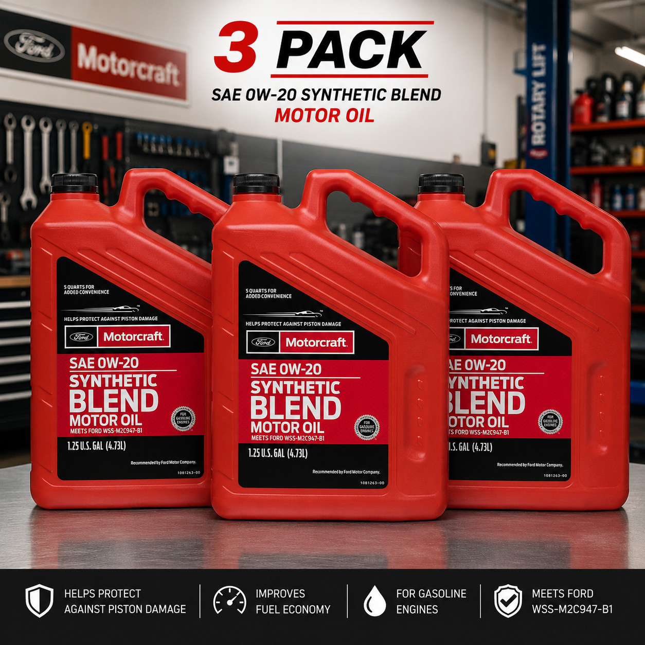 3 PACK – MOTORCRAFT XO0W205Q3SP Premium Synthetic Blend; SAE 0W-20; 5 Quart