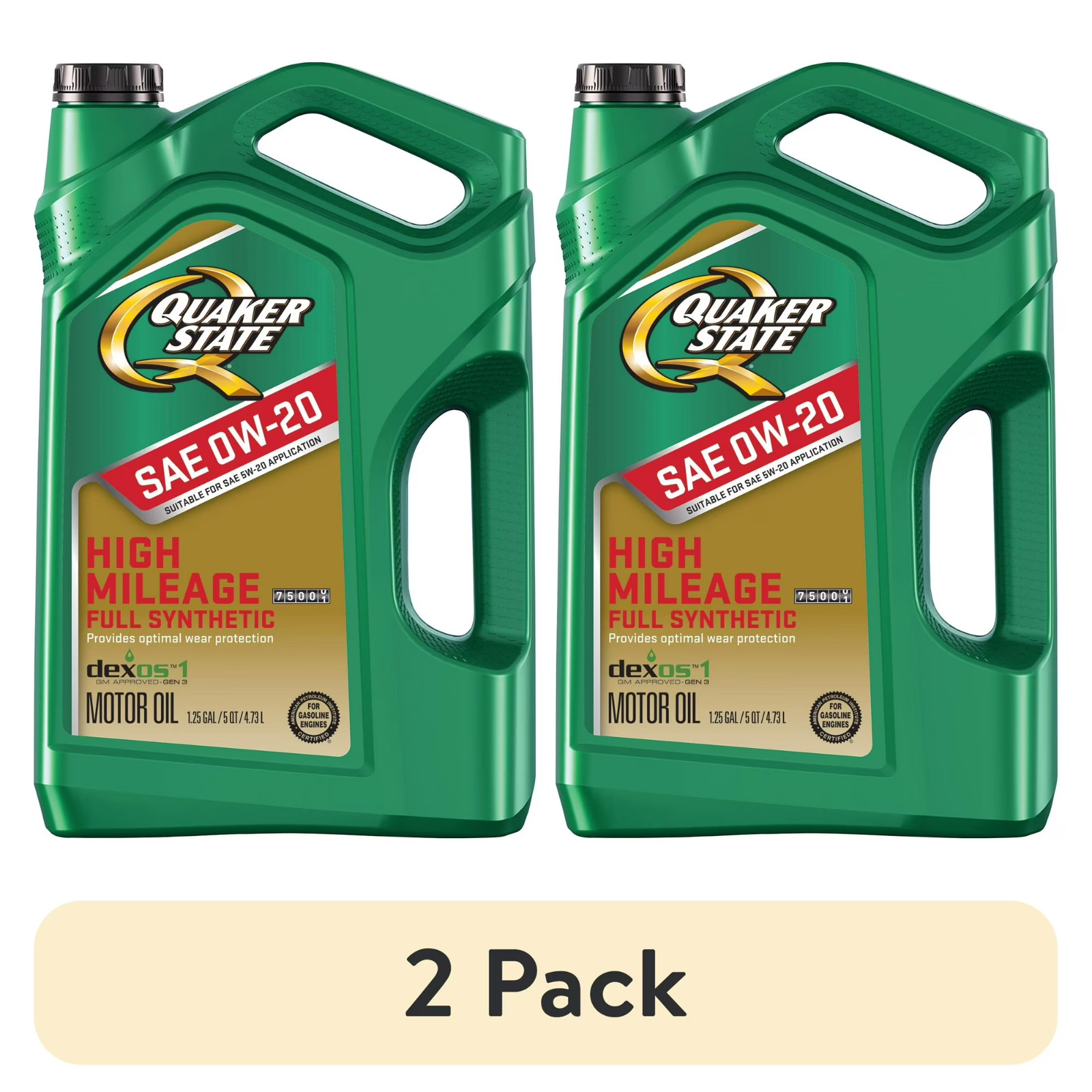 (2 pack) Quaker State Full Synthetic High Mileage 0W-20 Motor Oil, 5 Quart