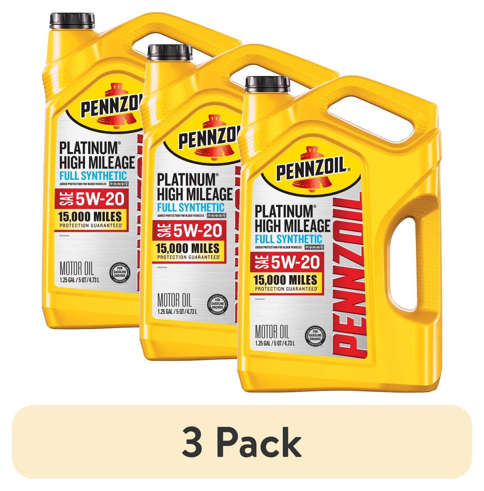 (3 pack) Pennzoil Platinum High Mileage Full Synthetic 5W-20 Motor Oil, 5 Quart