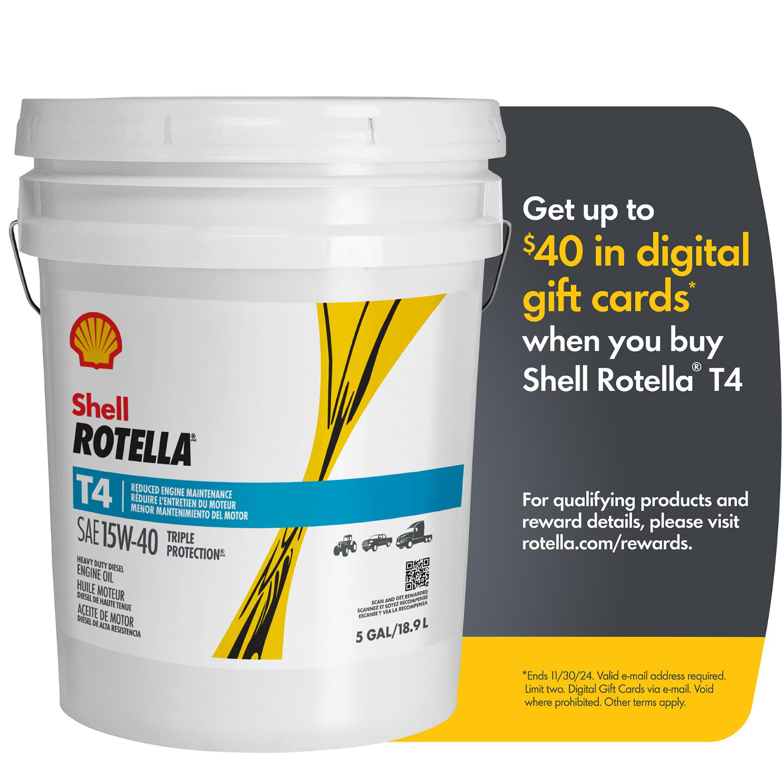 Shell Rotella T4 Triple Protection 15W-40 Diesel Engine Oil, 5 Gallon Pail