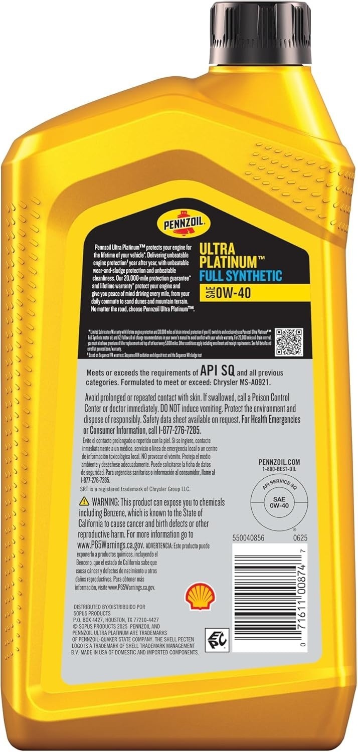Pennzoil Ultra Platinum 0W-40 Full Synthetic Oil 1Qt 6pk…(a19.5)