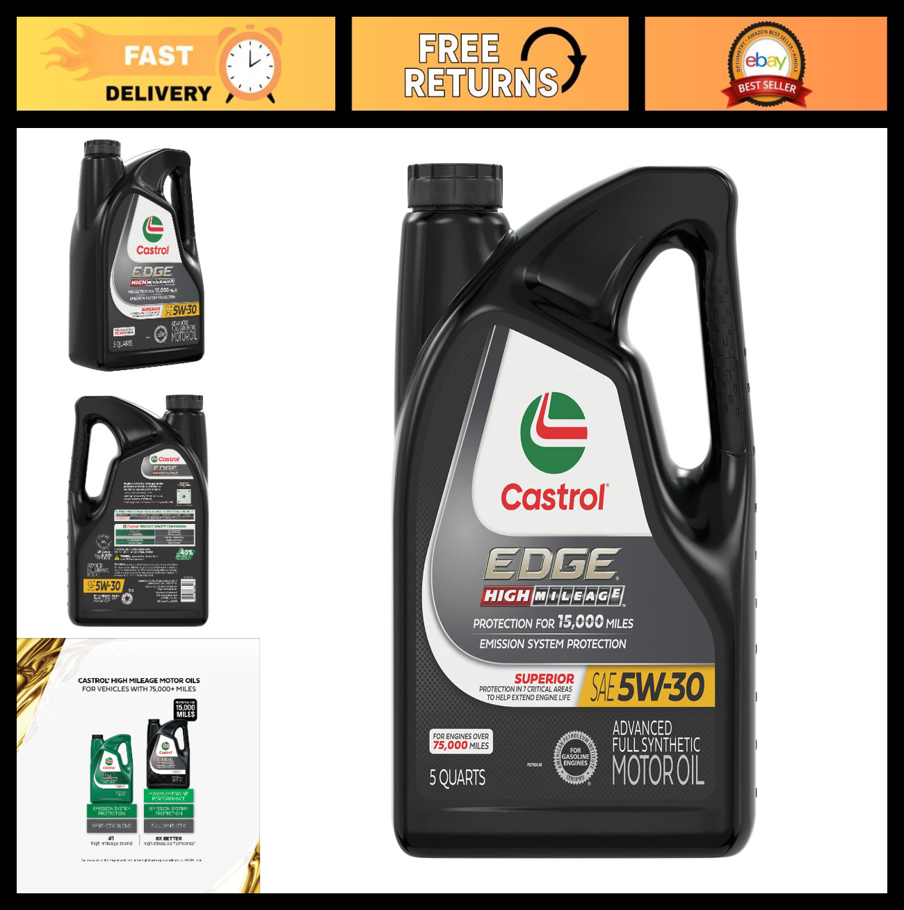 High Mileage 5W-30 Full Synthetic Motor Oil – Advanced Engine Protection, 5 Quar