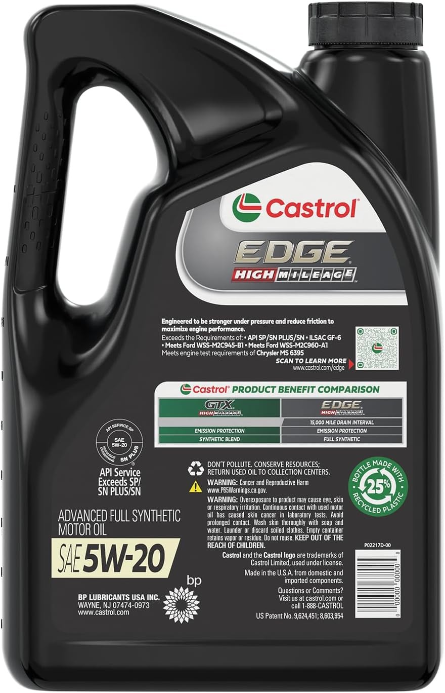 Castrol Edge High Mileage 5W-20 Advanced Full Synthetic Motor Oil, 5 Quarts