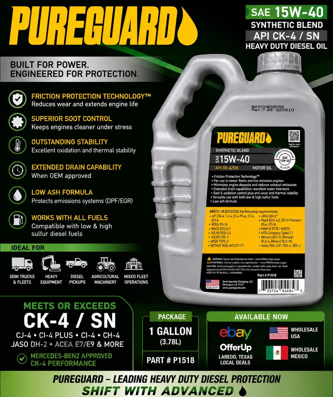 PUREGUARD SAE 15W-40 Syn/Blend Motor API CK-4 CJ4,CI4 PLUS SN (3 Gallon Pail)