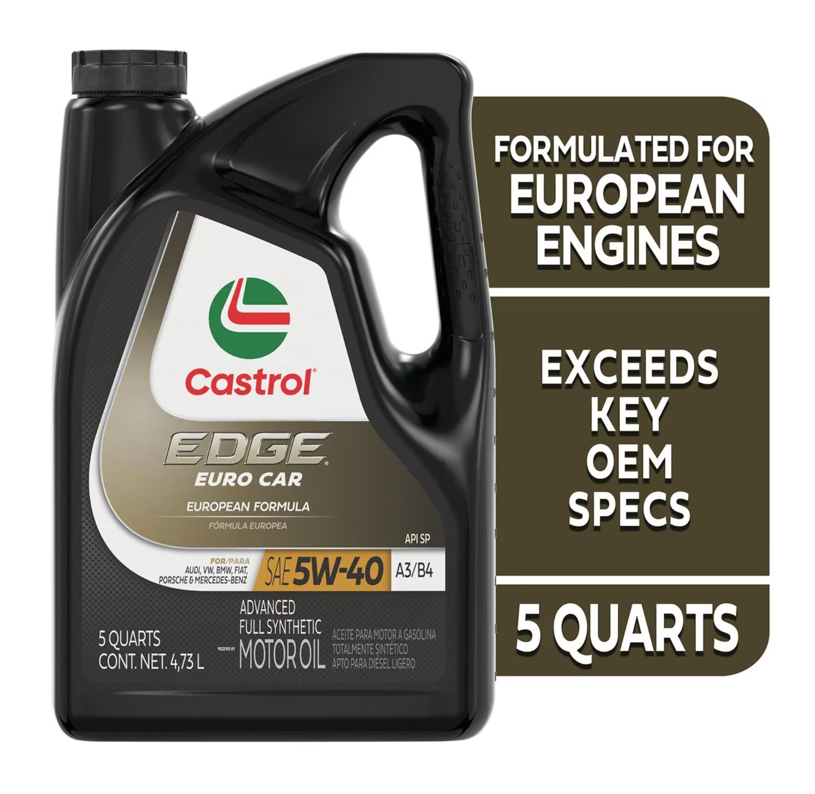 2 Pack Castrol EDGE Euro Car Standard Full Synthetic 5W-40 Engine Oil 5 Quart