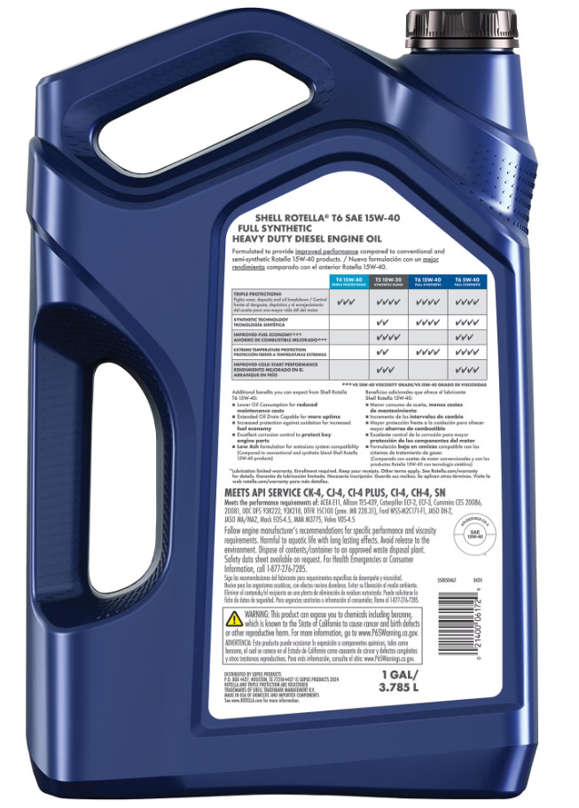 Shell Rotella T6 Full Synthetic 15W-40 Diesel Engine Oil, 1 Gallon
