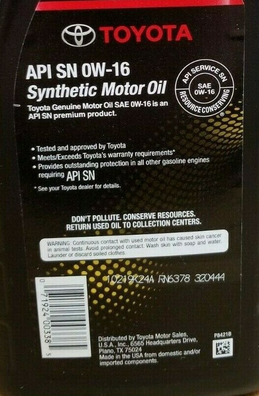 Genuine Toyota / Lexus 0w16 Motor Oil Qty 6 Quarts in a Case