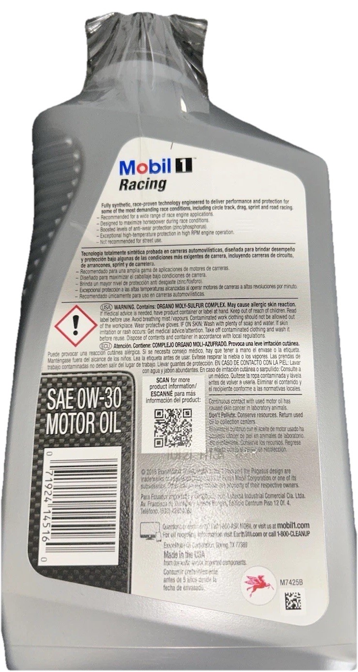 Mobil 1 Racing 0W-30 Full Synthetic Motor Oil 1Qt NASCAR Track Use