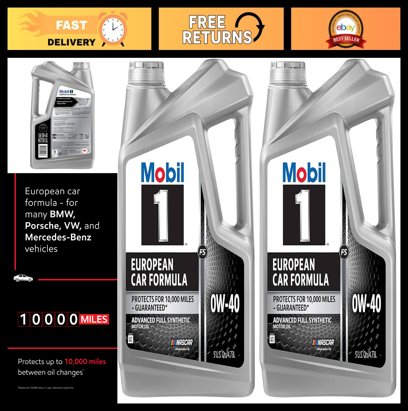 Full Synthetic Motor Oil 0W-40 | European Car Formula | 5 Quart, 2-Pack