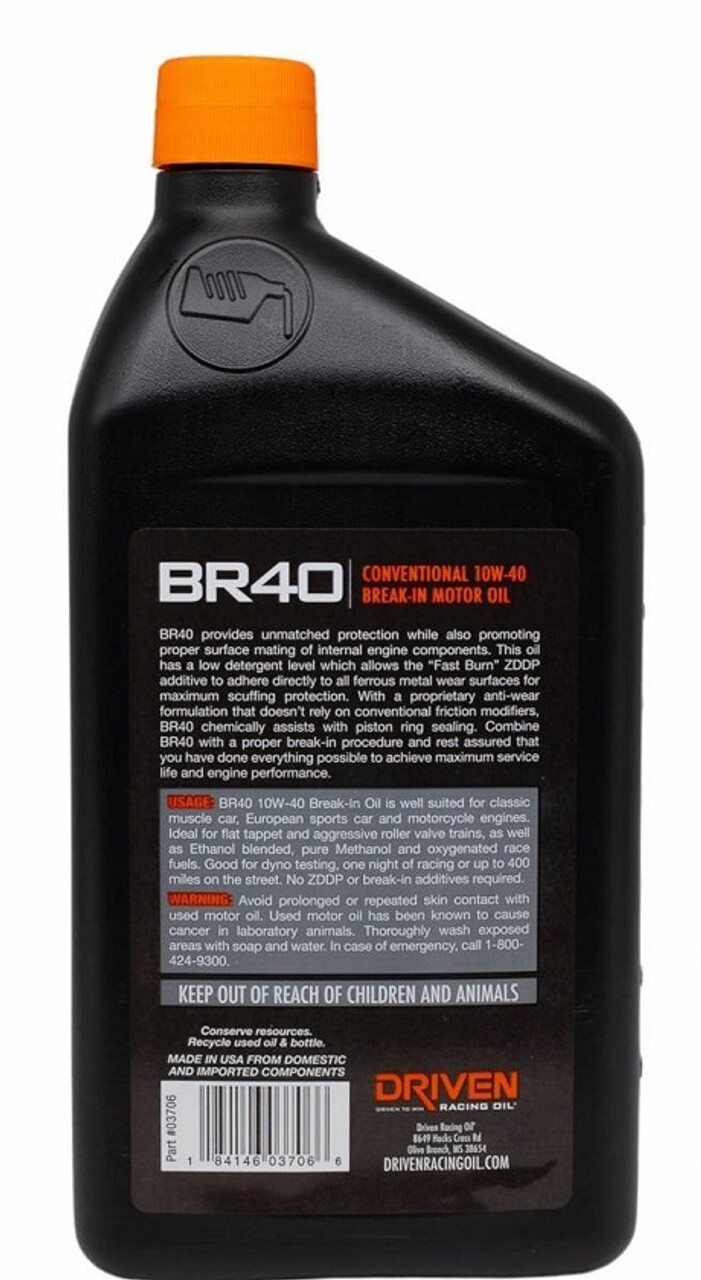 Driven BR40 10W-40 Break in Oil with Zinc 03706 – 6 Quarts