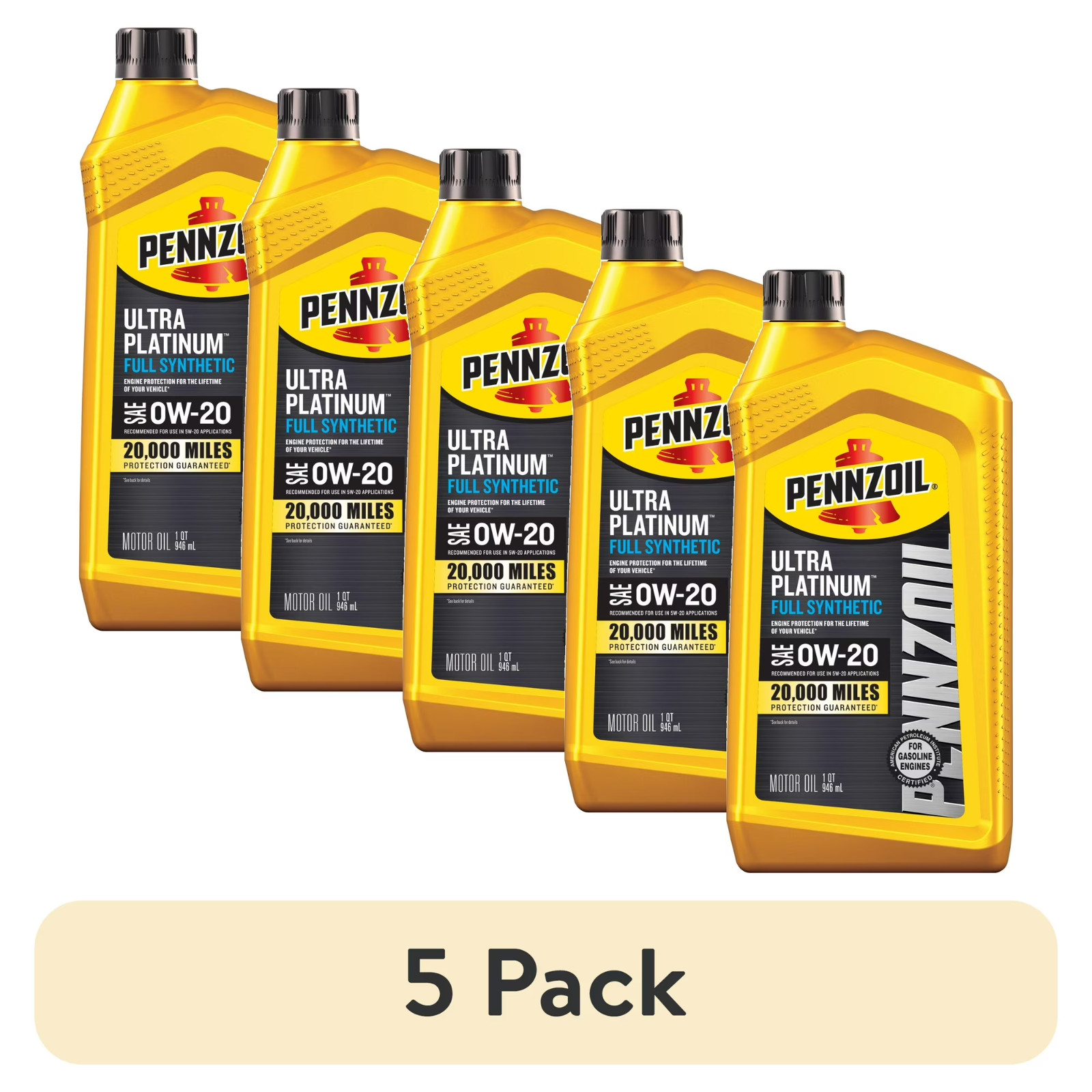 (5 pack) Pennzoil Ultra Platinum Full Synthetic 0W-20 Motor Oil, 1 Quart