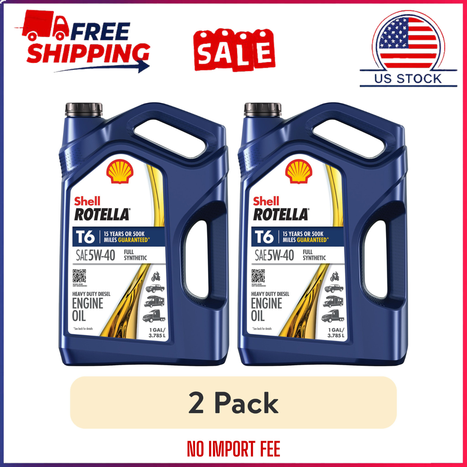 (2 pack) Shell Rotella T6 Full Synthetic 5W-40 Diesel Engine Oil, 1 Gallon