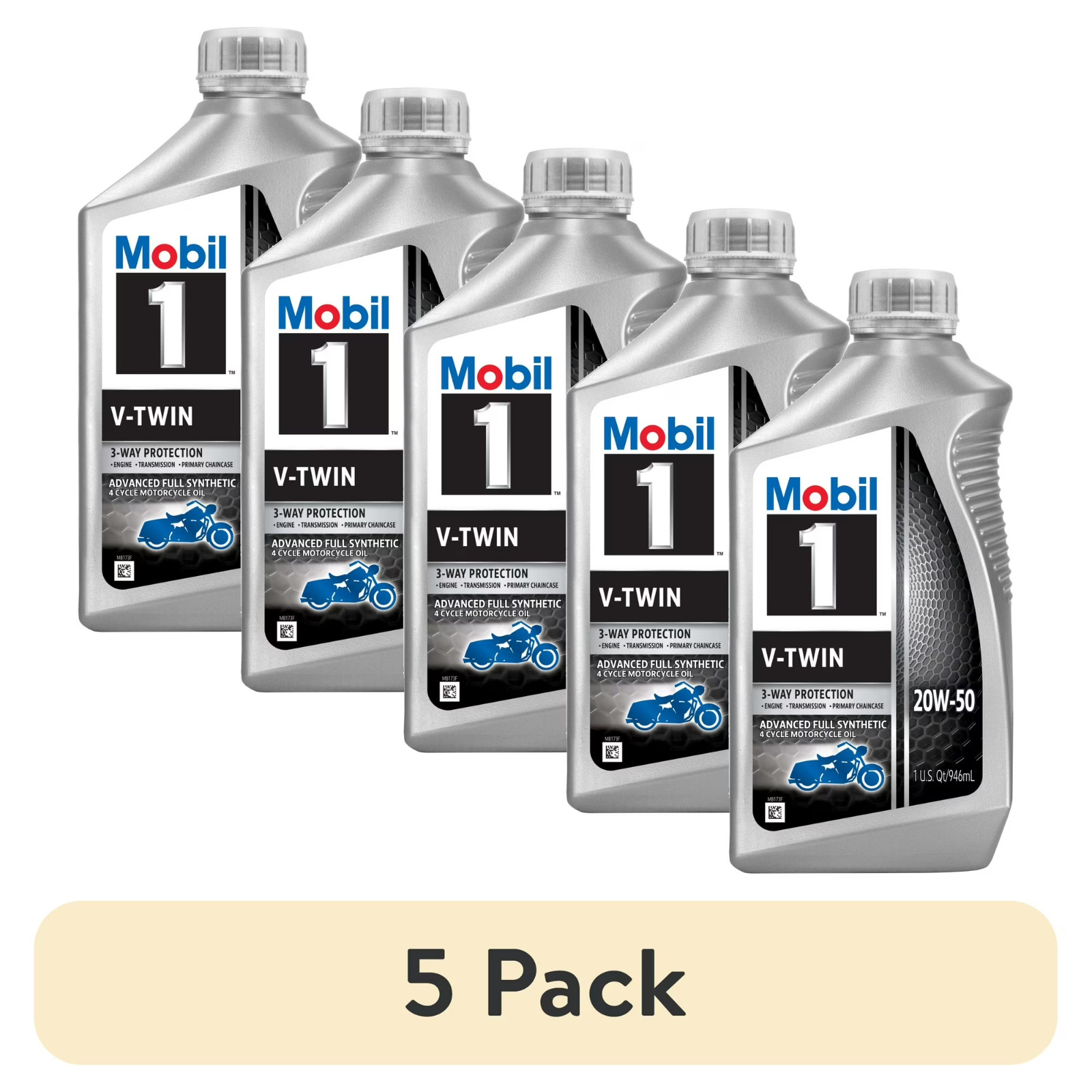 (5 pack) Mobil 1 V-Twin Full Synthetic Motorcycle Oil 20W-50, 1 Quart