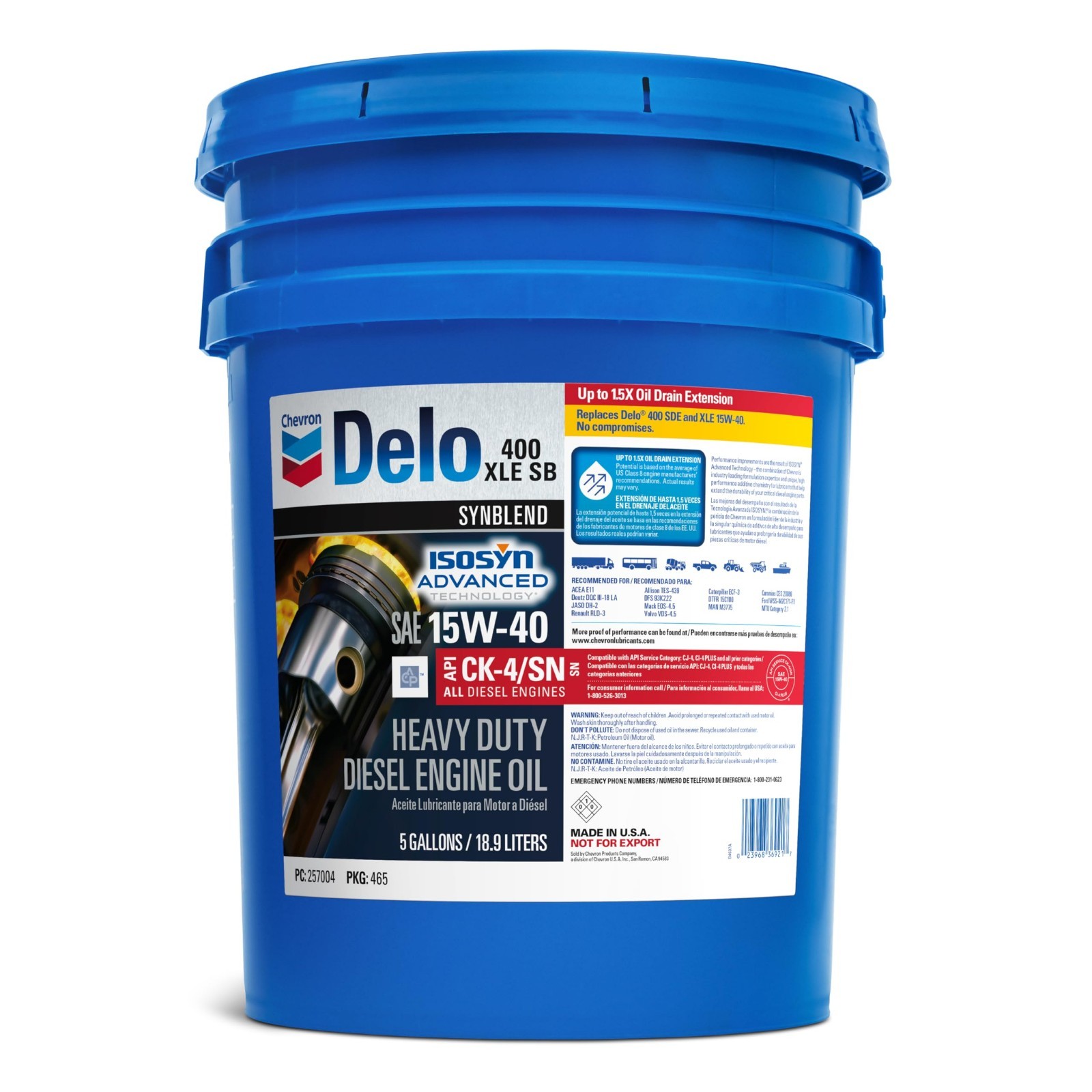 Chevron Delo 400 XLE SB 15W-40 Synblend Motor Oil, 1 – 5 Gallon Pail | 257004