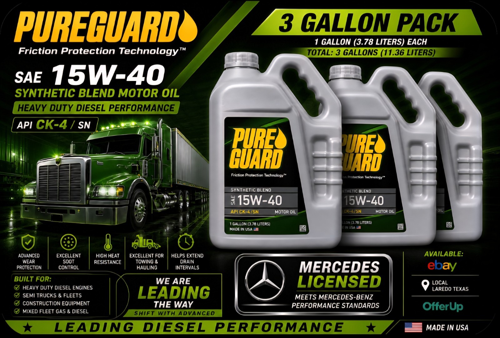 PUREGUARD SAE 15W-40 Syn/Blend Motor API CK-4 CJ4,CI4 PLUS SN (3 Gallon Pail)