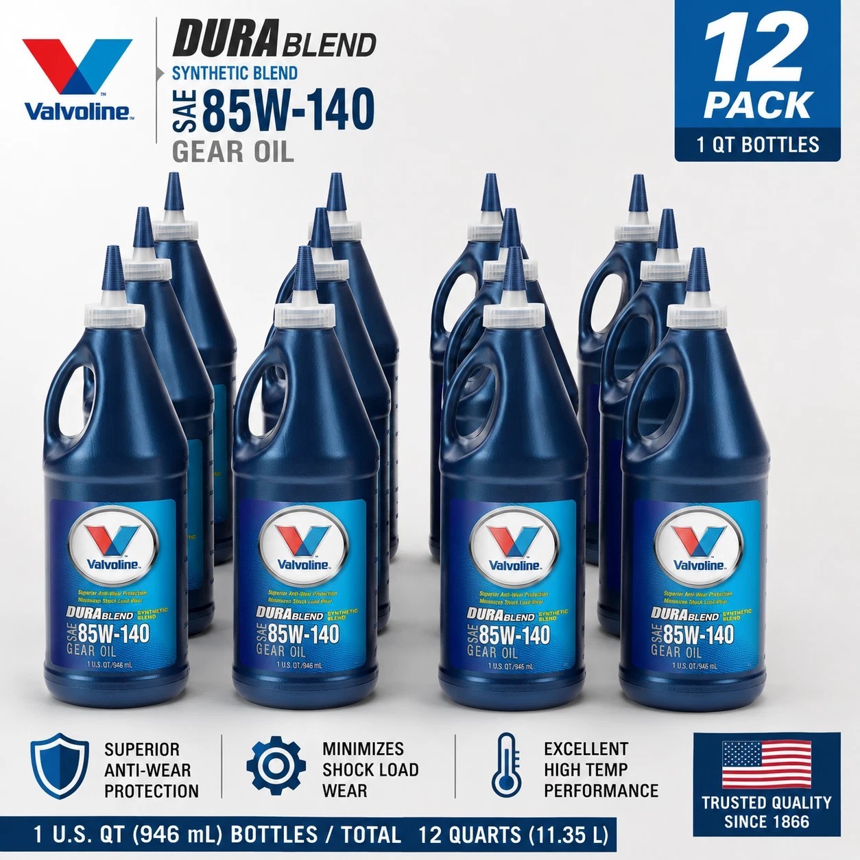 12 PACK – VALVOLINE VV281 DuraBlend Synthetic Blend SAE 85W-140 Gear Oil; 1 QT